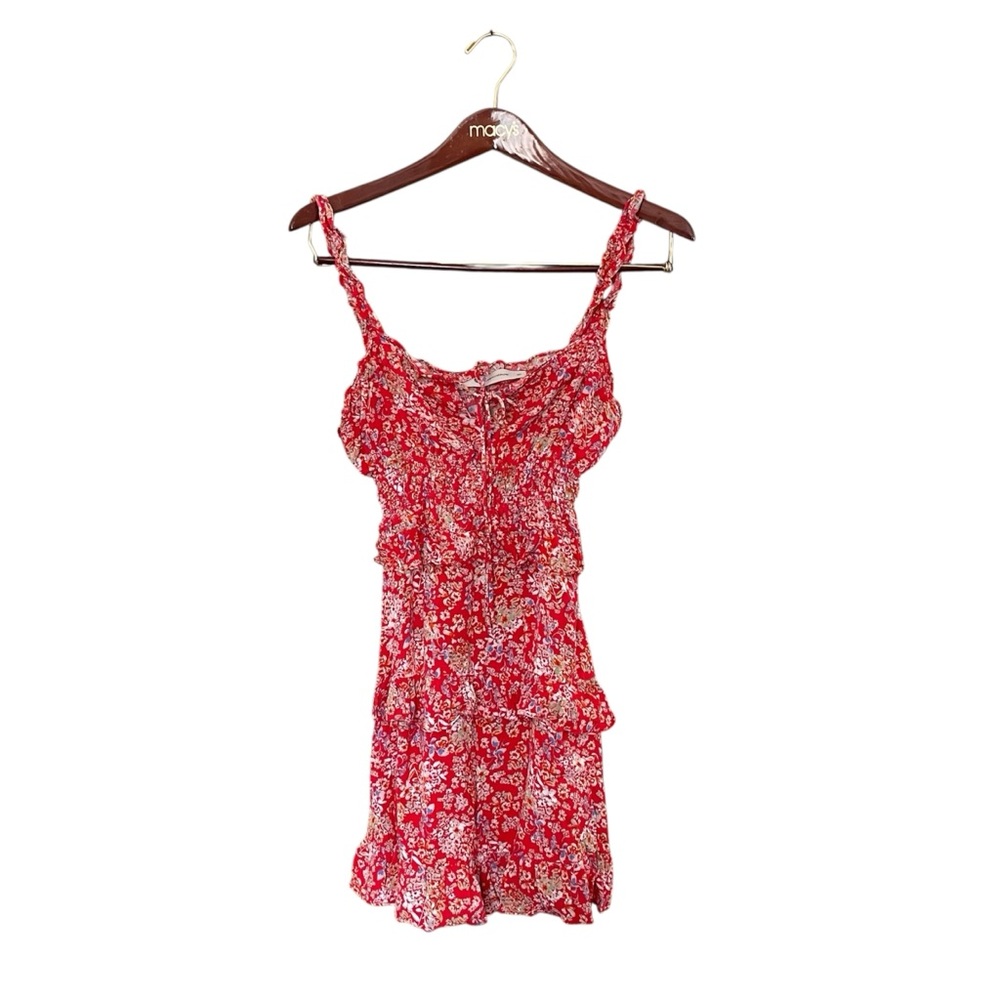The Impeccable Pig Red Floral Strappy Dress Sz M Pre-Owned Above Knee